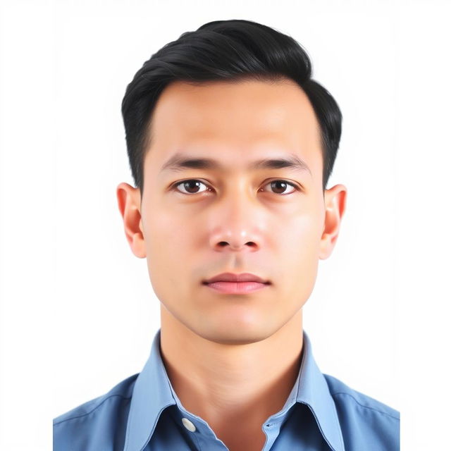 A formal passport photo featuring a person with a neutral expression, well-groomed hair, and wearing a smart, collared shirt