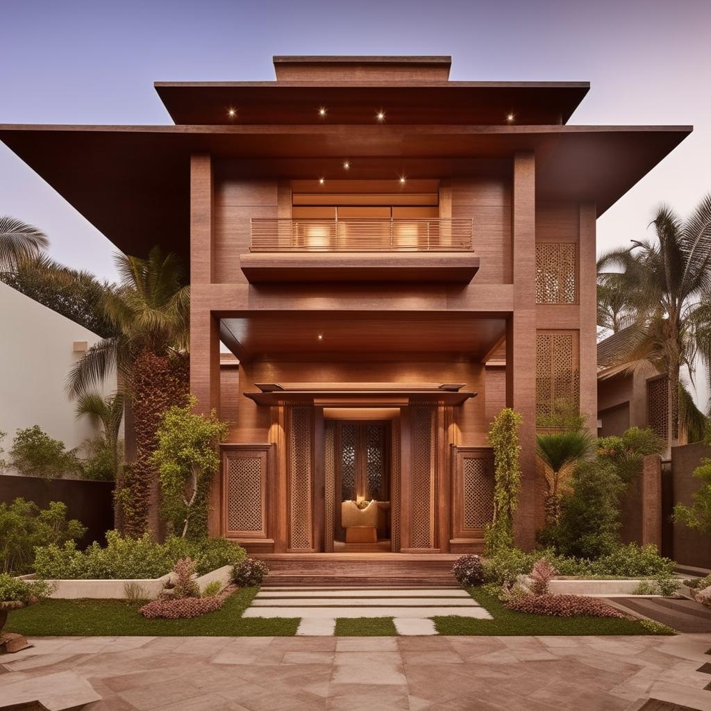 An elegant house designed in a contemporary Indian style with ornate details, rich dark wood finishes, and warm, inviting colors.