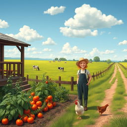 A serene countryside scene depicting simple life: a rustic farmhouse with a wooden porch, a lush green field with grazing cows, a blue sky dotted with fluffy white clouds, and a dirt road leading off into the horizon