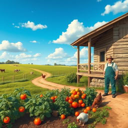 A serene countryside scene depicting simple life: a rustic farmhouse with a wooden porch, a lush green field with grazing cows, a blue sky dotted with fluffy white clouds, and a dirt road leading off into the horizon