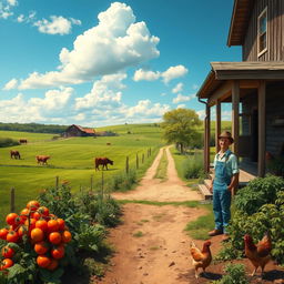 A serene countryside scene depicting simple life: a rustic farmhouse with a wooden porch, a lush green field with grazing cows, a blue sky dotted with fluffy white clouds, and a dirt road leading off into the horizon