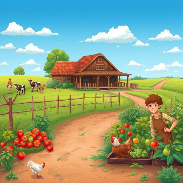 A serene countryside scene depicting simple life: a rustic farmhouse with a wooden porch, a lush green field with grazing cows, a blue sky dotted with fluffy white clouds, and a dirt road leading off into the horizon