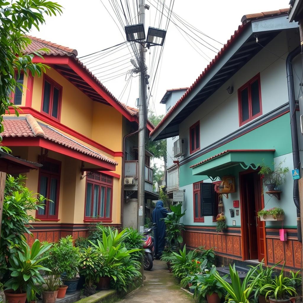 Two houses side by side (left and right facing the screen) situated in a densely populated alley typical of a Jakarta village