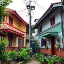 Two houses side by side (left and right facing the screen) situated in a densely populated alley typical of a Jakarta village