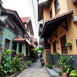 Two houses side by side (left and right facing the screen) situated in a densely populated alley typical of a Jakarta village
