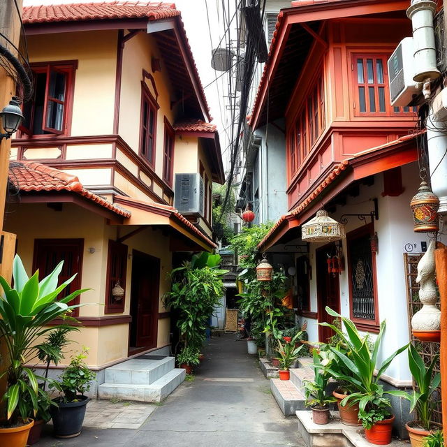 Two houses side by side (left and right facing the screen) situated in a densely populated alley typical of a Jakarta village