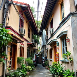 Two houses side by side (left and right facing the screen) situated in a densely populated alley typical of a Jakarta village