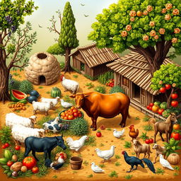 A traditional Iranian farm designed in harmony with nature, featuring well-detailed earthen and wooden structures