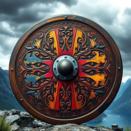 A detailed Viking shield, round and made of wood, featuring intricate hand-carved Norse designs and patterns