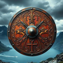 A detailed Viking shield, round and made of wood, featuring intricate hand-carved Norse designs and patterns