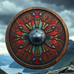 A detailed Viking shield, round and made of wood, featuring intricate hand-carved Norse designs and patterns
