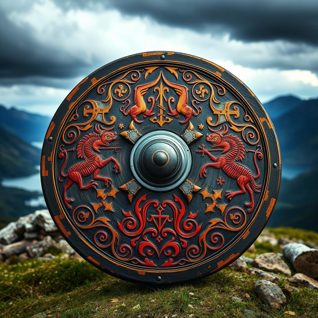 A detailed Viking shield, round and made of wood, featuring intricate hand-carved Norse designs and patterns