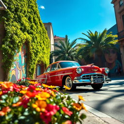 A vibrant city street scene with a focus on a beautiful vintage car parked against a colorful mural, bright green foliage wrapping around buildings, blue skies overhead, and sunlight casting dynamic shadows on the ground