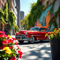 A vibrant city street scene with a focus on a beautiful vintage car parked against a colorful mural, bright green foliage wrapping around buildings, blue skies overhead, and sunlight casting dynamic shadows on the ground