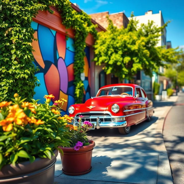 A vibrant city street scene with a focus on a beautiful vintage car parked against a colorful mural, bright green foliage wrapping around buildings, blue skies overhead, and sunlight casting dynamic shadows on the ground