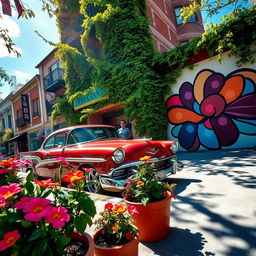 A vibrant city street scene with a focus on a beautiful vintage car parked against a colorful mural, bright green foliage wrapping around buildings, blue skies overhead, and sunlight casting dynamic shadows on the ground
