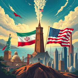A striking illustration depicting Iran as a powerful nation compared to the United States
