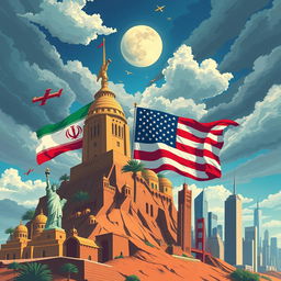 A striking illustration depicting Iran as a powerful nation compared to the United States