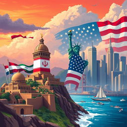 A striking illustration depicting Iran as a powerful nation compared to the United States