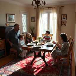 An Iranian family gathered in a cozy, simple house, showcasing warmth and togetherness