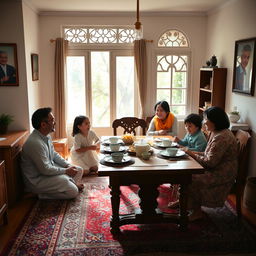 An Iranian family gathered in a cozy, simple house, showcasing warmth and togetherness