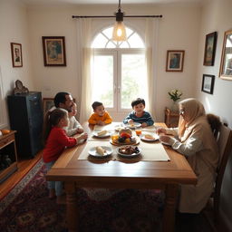 An Iranian family gathered in a cozy, simple house, showcasing warmth and togetherness