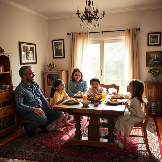 An Iranian family gathered in a cozy, simple house, showcasing warmth and togetherness