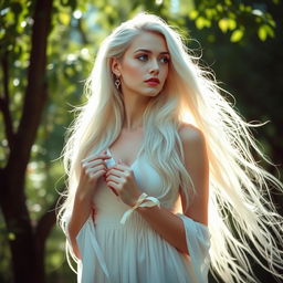 A captivating scene of a white woman with an ethereal beauty, her long flowing hair cascading around her shoulders