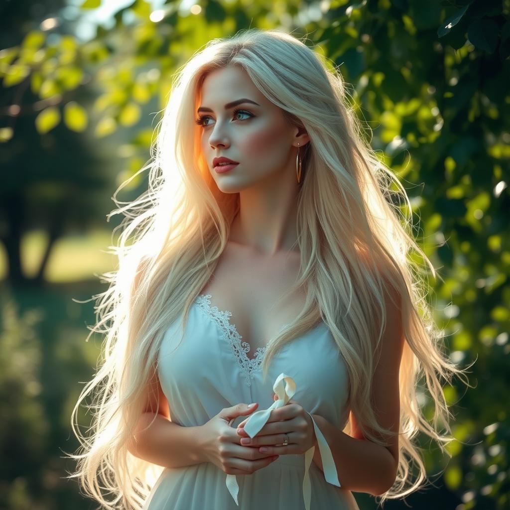 A captivating scene of a white woman with an ethereal beauty, her long flowing hair cascading around her shoulders