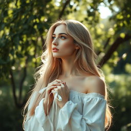 A captivating scene of a white woman with an ethereal beauty, her long flowing hair cascading around her shoulders
