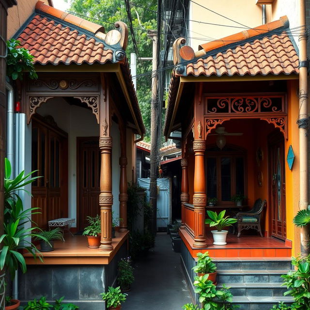 Two houses side by side (right and left facing the screen) with visible front porches, situated in a densely populated alley typical of a Jakarta village