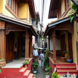 Two houses side by side (right and left facing the screen) with visible front porches, situated in a densely populated alley typical of a Jakarta village
