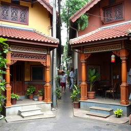 Two houses side by side (right and left facing the screen) with visible front porches, situated in a densely populated alley typical of a Jakarta village
