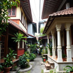 Two houses side by side (right and left facing the screen) with visible front porches, situated in a densely populated alley typical of a Jakarta village