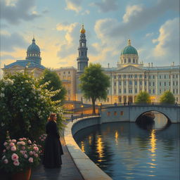 An atmospheric and evocative painting inspired by Fyodor Dostoevsky's "White Nights," capturing the essence of Saint Petersburg during the enchanting white nights of summer
