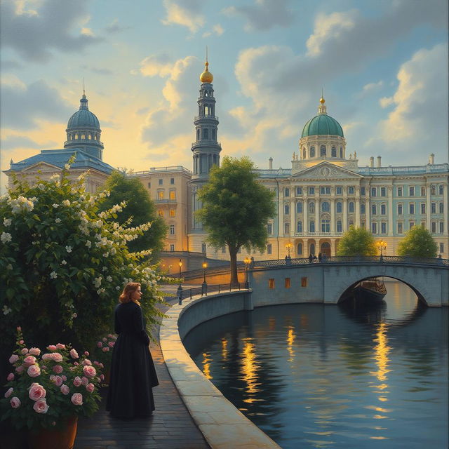 An atmospheric and evocative painting inspired by Fyodor Dostoevsky's "White Nights," capturing the essence of Saint Petersburg during the enchanting white nights of summer