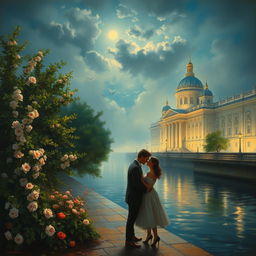 An atmospheric and evocative painting inspired by Fyodor Dostoevsky's "White Nights," capturing the essence of Saint Petersburg during the enchanting white nights of summer