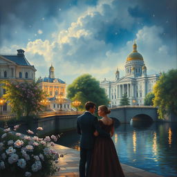 An atmospheric and evocative painting inspired by Fyodor Dostoevsky's "White Nights," capturing the essence of Saint Petersburg during the enchanting white nights of summer