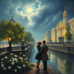 An atmospheric and evocative painting inspired by Fyodor Dostoevsky's "White Nights," capturing the essence of Saint Petersburg during the enchanting white nights of summer