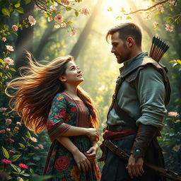A captivating scene depicting a young girl with wild, flowing hair, passionately in love with a rugged hunter standing in a vibrant, enchanted forest