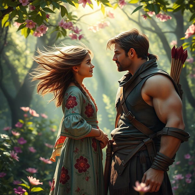 A captivating scene depicting a young girl with wild, flowing hair, passionately in love with a rugged hunter standing in a vibrant, enchanted forest