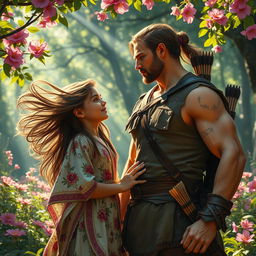 A captivating scene depicting a young girl with wild, flowing hair, passionately in love with a rugged hunter standing in a vibrant, enchanted forest