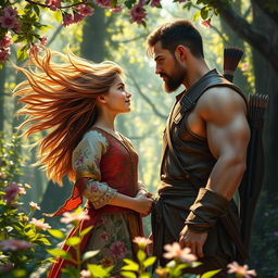 A captivating scene depicting a young girl with wild, flowing hair, passionately in love with a rugged hunter standing in a vibrant, enchanted forest