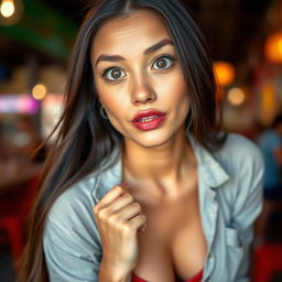 An attractive Latina woman with striking features and long, flowing dark hair, captured in a moment of surprise