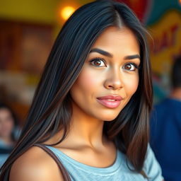 An attractive Latina woman with striking features and long, flowing dark hair, captured in a moment of surprise