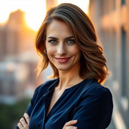 A stylish portrait of a woman in her 30s, exuding confidence and charm