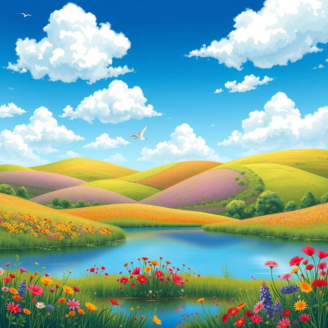 A beautifully detailed illustration of a serene landscape featuring rolling hills covered in vibrant wildflowers under a bright blue sky with fluffy white clouds