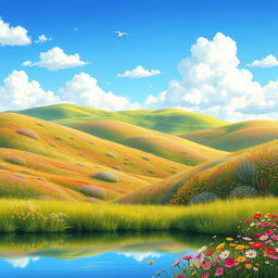 A beautifully detailed illustration of a serene landscape featuring rolling hills covered in vibrant wildflowers under a bright blue sky with fluffy white clouds