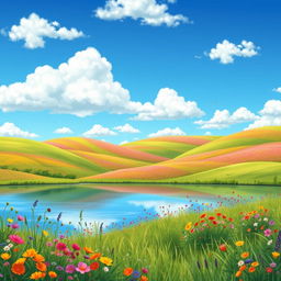 A beautifully detailed illustration of a serene landscape featuring rolling hills covered in vibrant wildflowers under a bright blue sky with fluffy white clouds