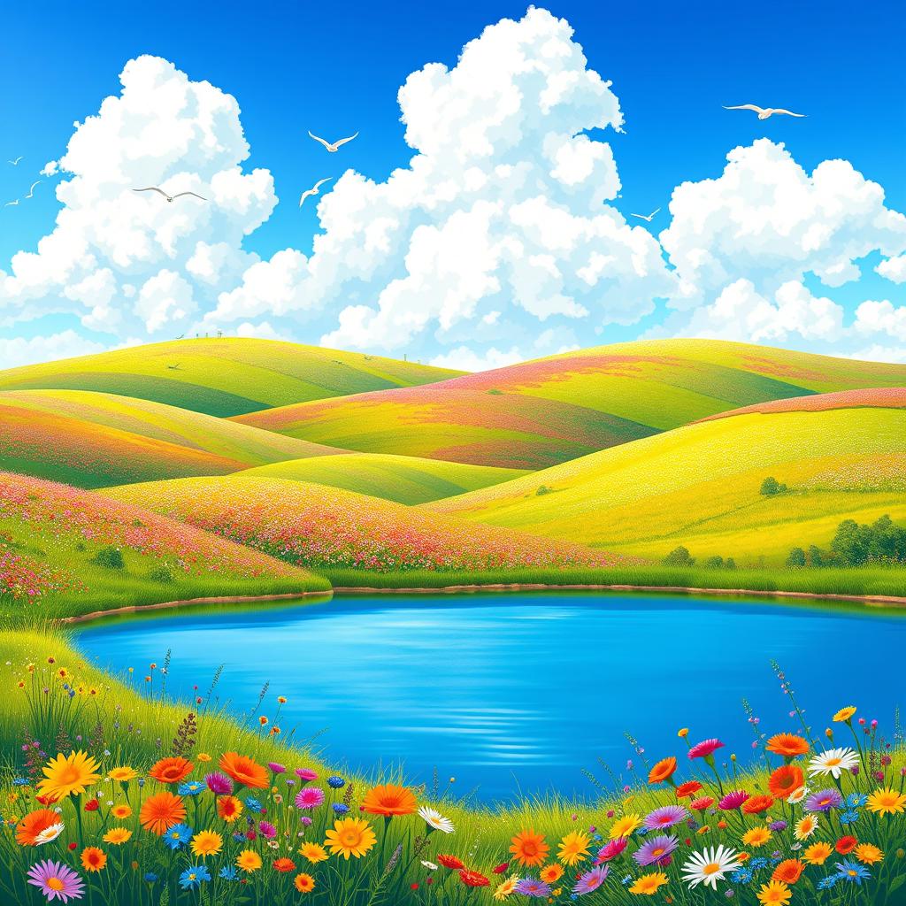 A beautifully detailed illustration of a serene landscape featuring rolling hills covered in vibrant wildflowers under a bright blue sky with fluffy white clouds